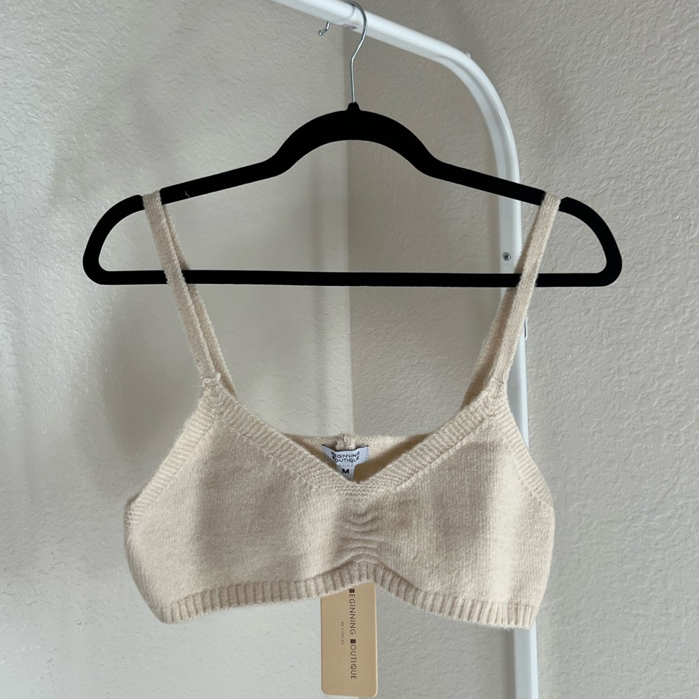 beginning boutique saved knit crop top beige